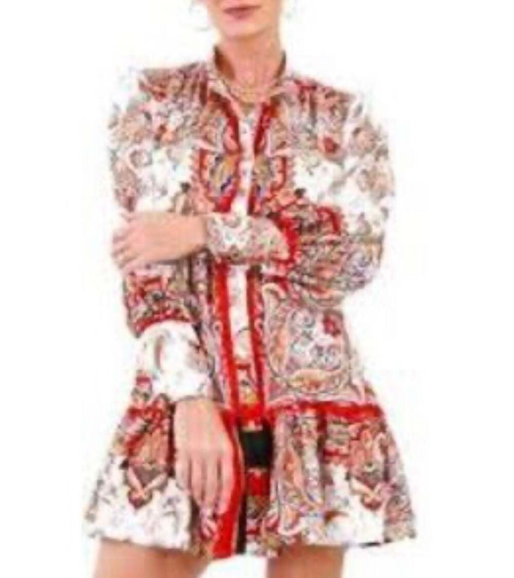 Fate Paisley Print Long Sleeve Mini Dress with Pearl Buttons and Belt